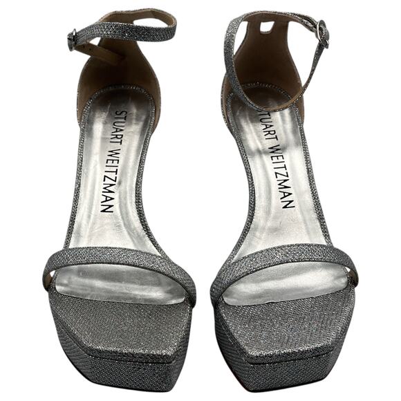 Stuart Weitzman Nudist Party 95 Ankle Strap Platform Heels Sandals Silver 9.5 - Picture 2 of 9